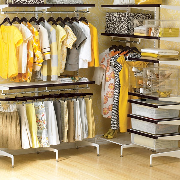 Walnut & White elfa décor freestanding WalkIn Closet The Container Store